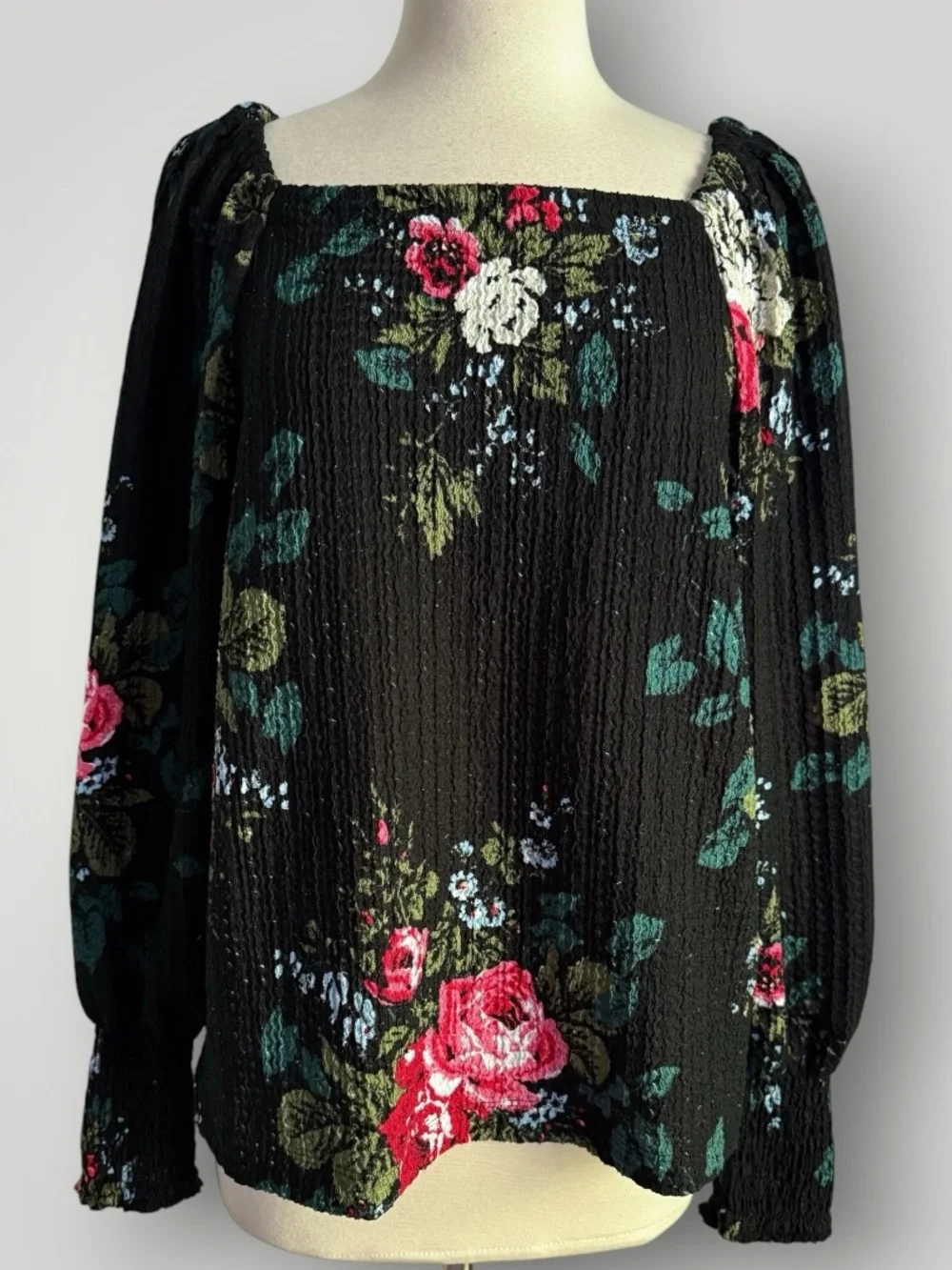 Ann Taylor LOFT Floral Square Neck Textured Knit Long Puff Sleeve Top L Black